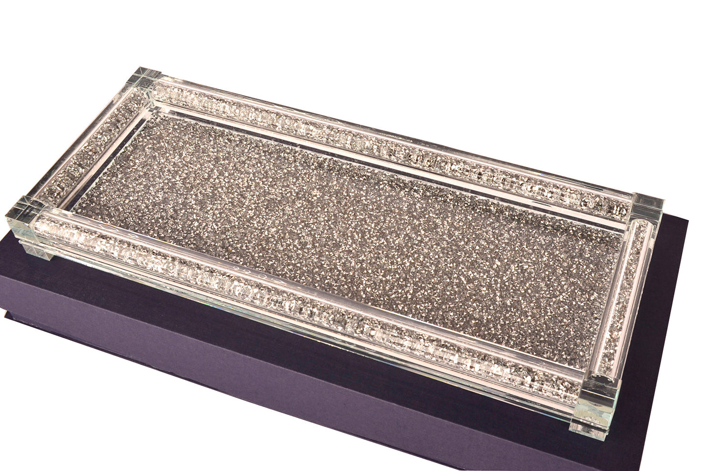 Silver Crushed Diamond Glass Tray in Gift Box